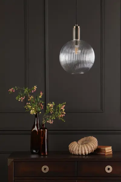 Nikolas Natural Solid Brass Pendant With Ribbed Glass Shade