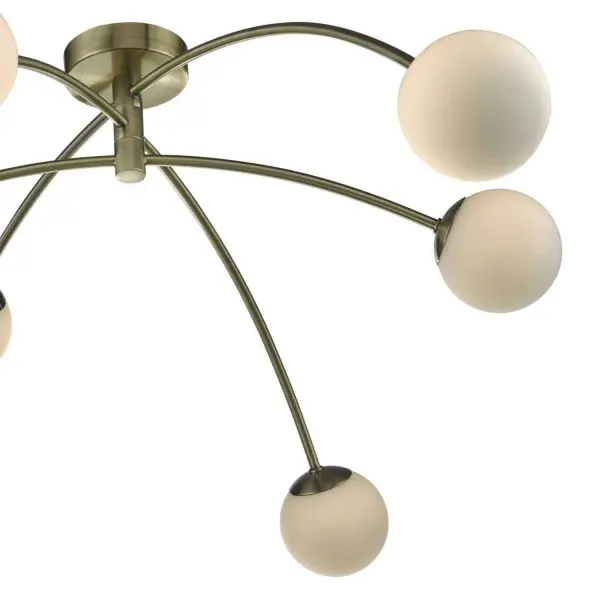 Puglia 6 Light Semi Flush in Antique Brass with Opal Shades