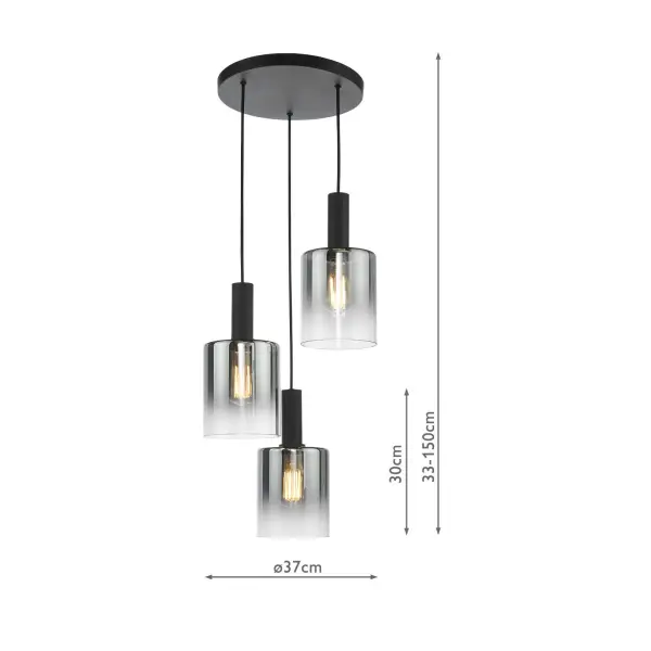 Savannah 3 Light Matt Black & Smoked Glass Cluster Pendant