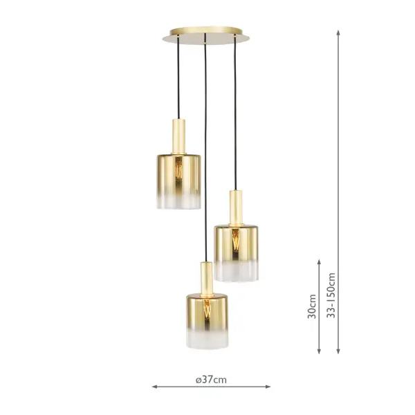 Savannah 3 Light Satin Black & Ombre Glass Cluster Pendant