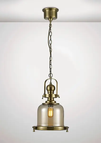 Riley Small Bell Pendant in Antique Brass & Cognac Glass
