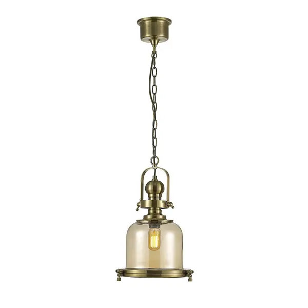Riley Small Bell Pendant in Antique Brass & Cognac Glass