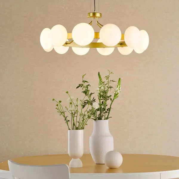 Tauri 12 Light Gold & Opal Glass Pendant
