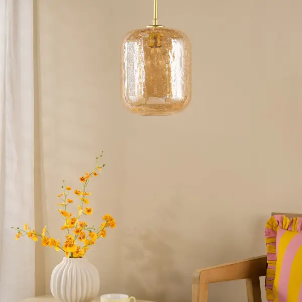Tavia Satin Gold Single Pendant with Amber Glass