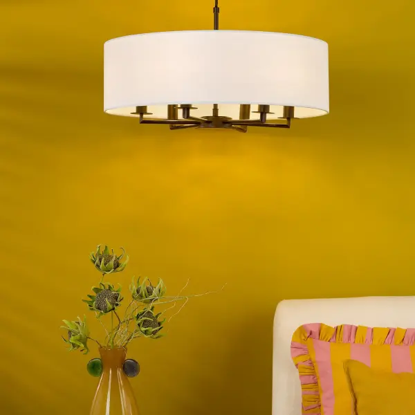 Tyler 6 Light Matt Black Pendant C/W White Drum Shade