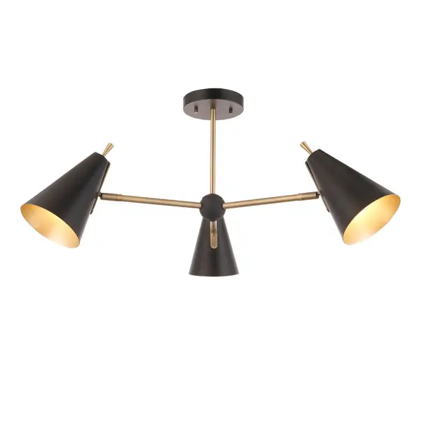 Matt Antique Gold & Matt Black 3 Light Semi Flush