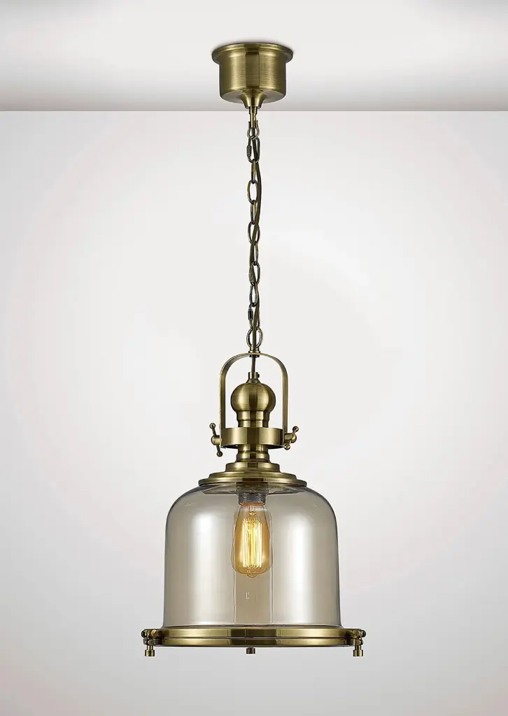 Riley Medium Bell Pendant in Antique Brass & Cognac Glass