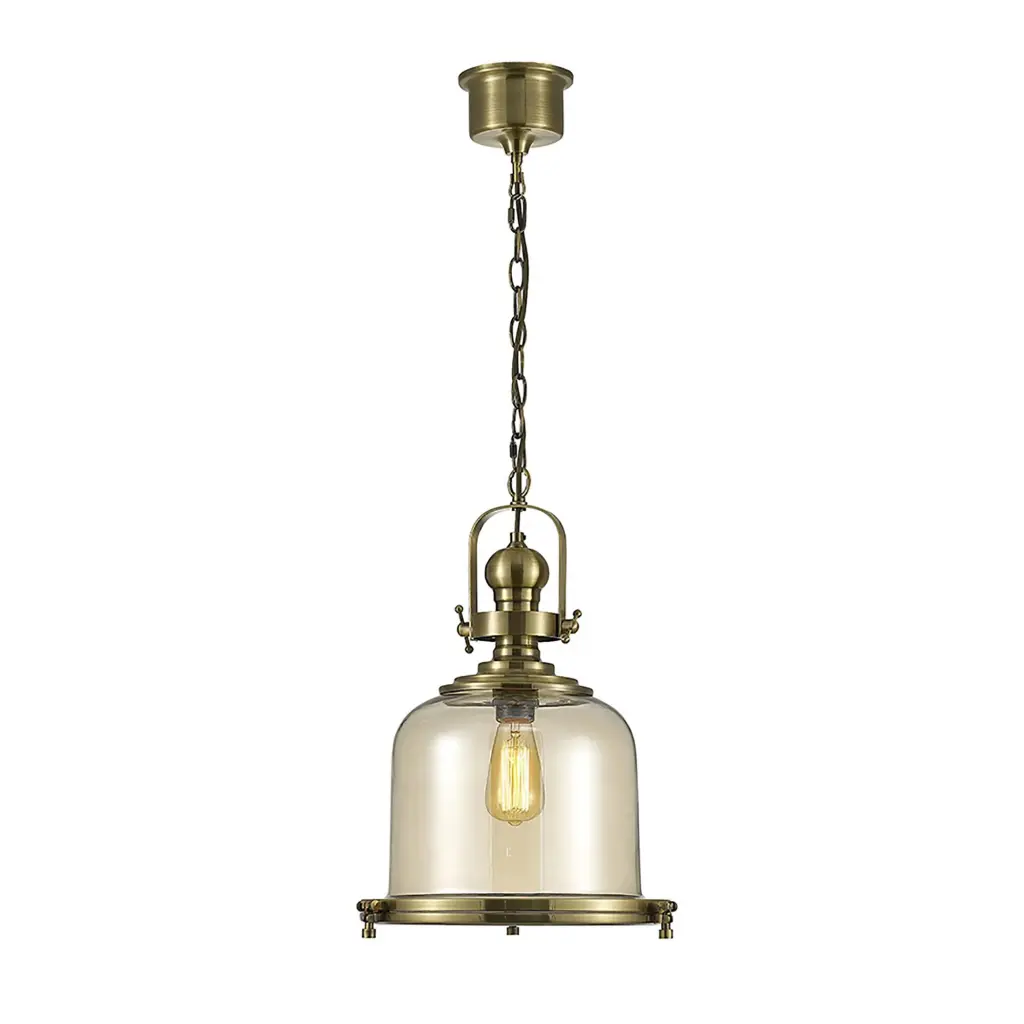 Riley Medium Bell Pendant in Antique Brass & Cognac Glass