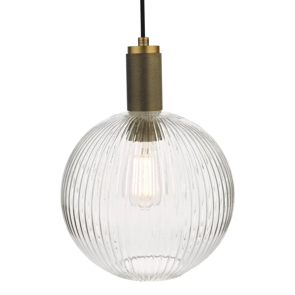 Nikolas Natural Solid Brass Pendant With Ribbed Glass Shade