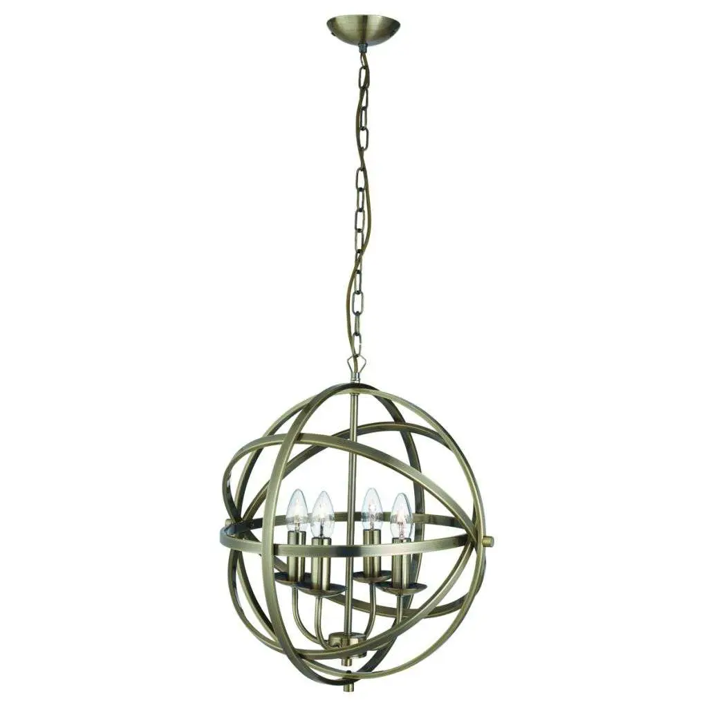 Orbit 4 Light Cage Frame Orb Pendant Antique Brass