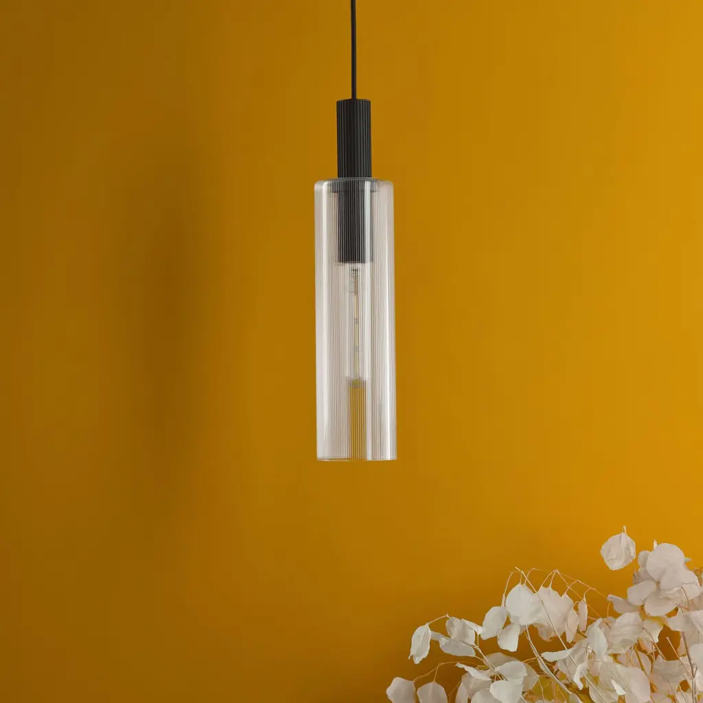 Ruben Satin Black & Ribbed Glass Pendant