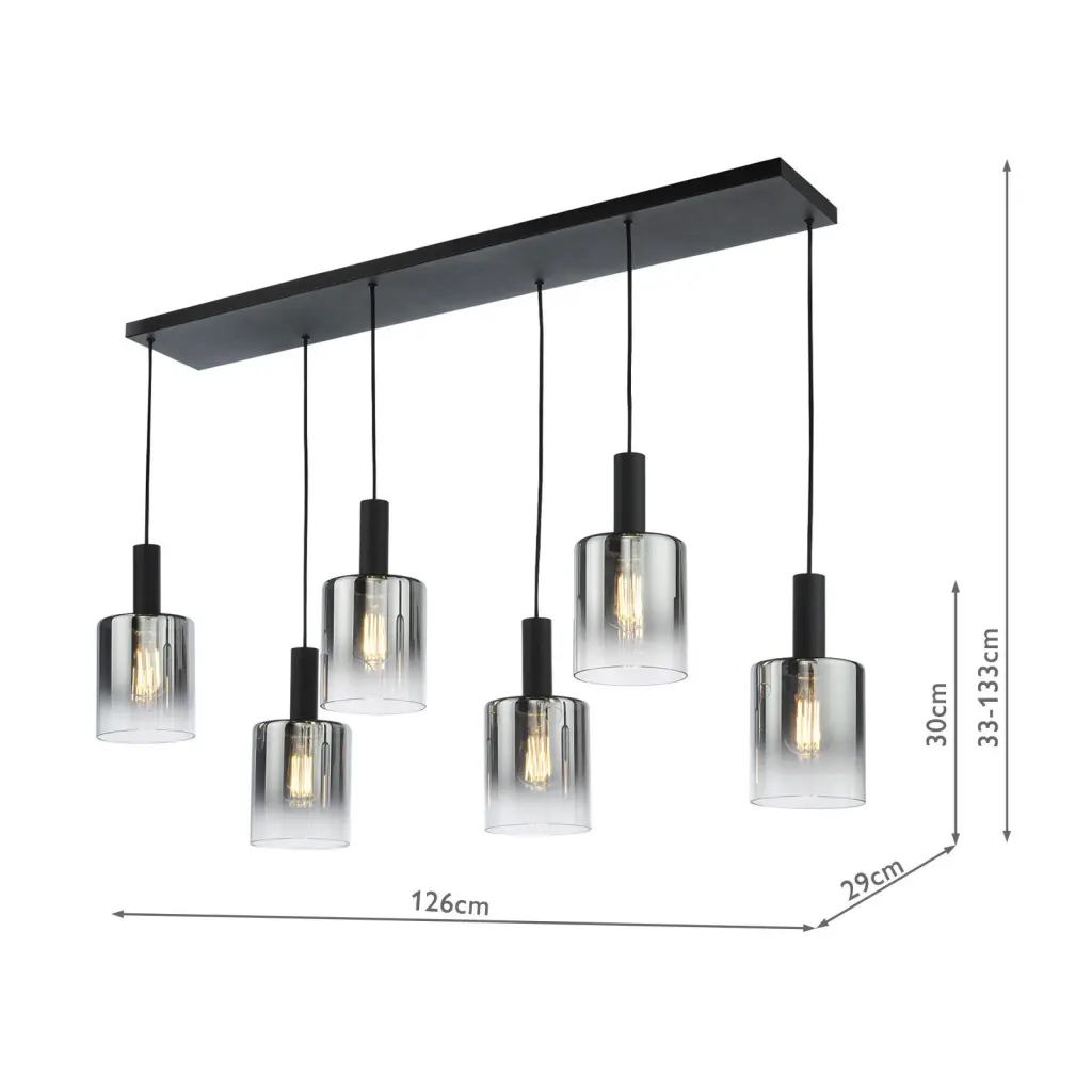 Savannah 6 Light Bar Pendant in Matt Black & Smoked Glass Finish
