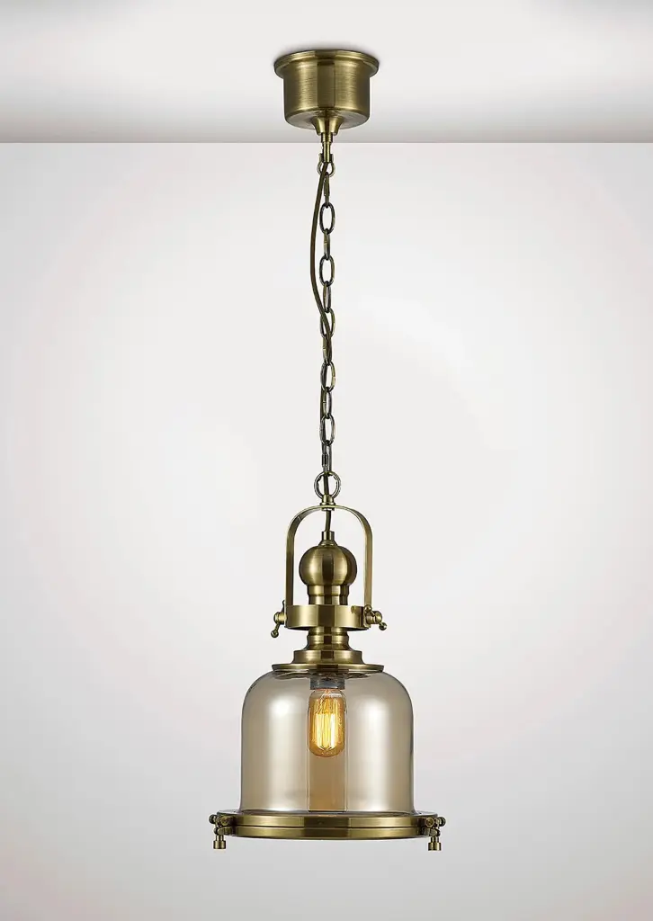 Riley Small Bell Pendant in Antique Brass & Cognac Glass