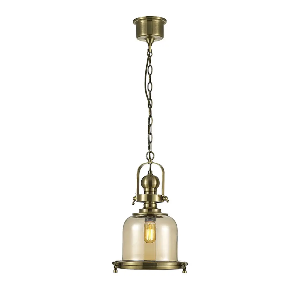 Riley Small Bell Pendant in Antique Brass & Cognac Glass