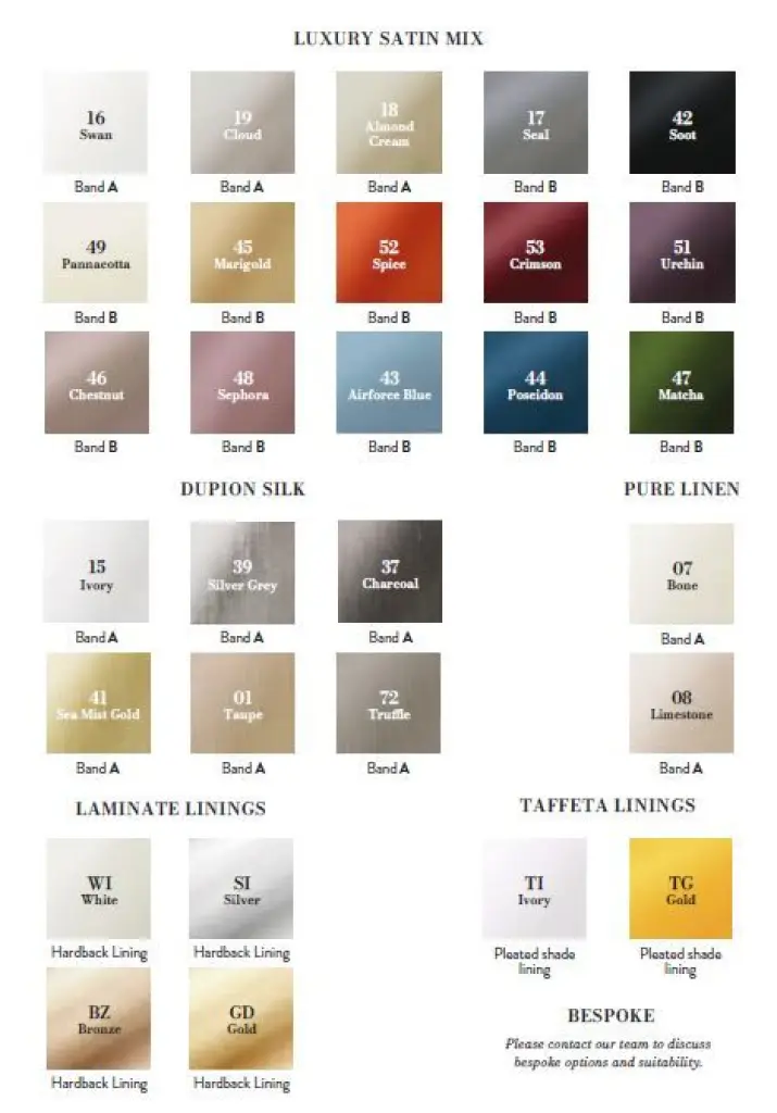 Murray Bespoke 100% Silk Shade Colour Options for Shade
