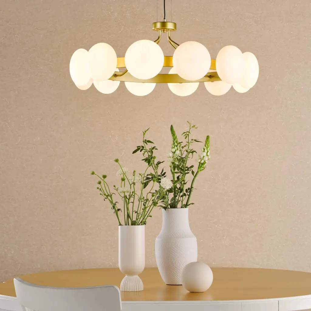 Tauri 12 Light Gold & Opal Glass Pendant