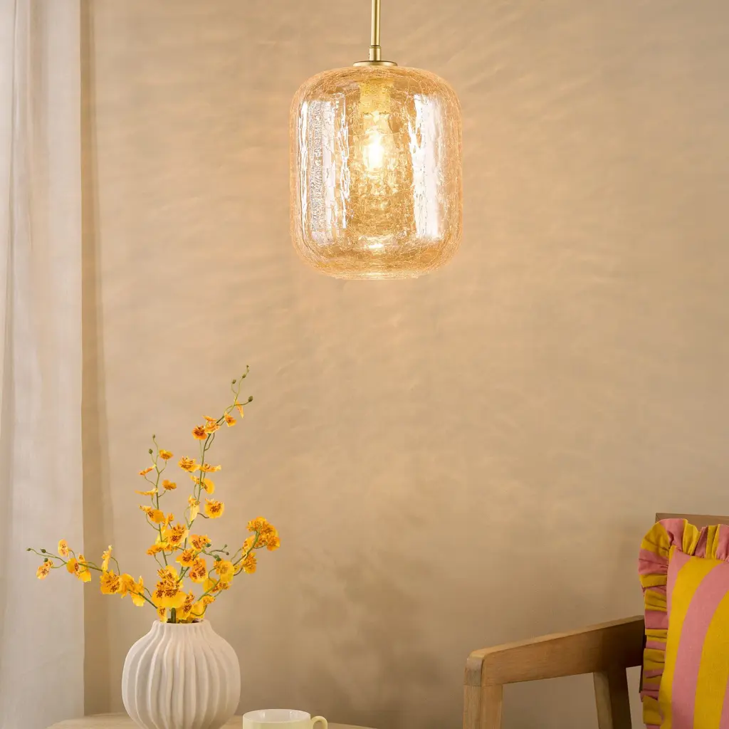 Tavia Satin Gold Single Pendant with Amber Glass