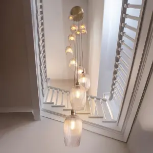 Millie Antique Brass 13 Light Pendant with Ribbed Glass Shades