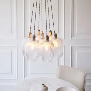 Mia Polished Nickel 7 Light Cluster Pendant with Ribbed Glass Shades