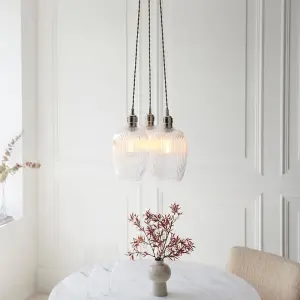 Mia Polished Nickel 3 Light Cluster Pendant with Ribbed Glass Shades