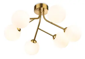 Groves Brushed Brass 6 Light Semi Flush Fitting with Opal Shades