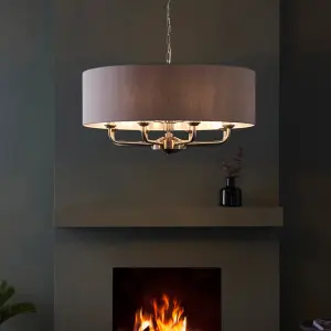 Highclere 8 Light Drum Pendant Brushed Chrome C/W Natural Shade