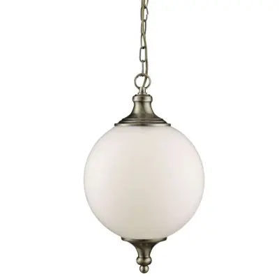 Atom 1 Light Pendant Antique Brass, Opal Glass Ball Shade