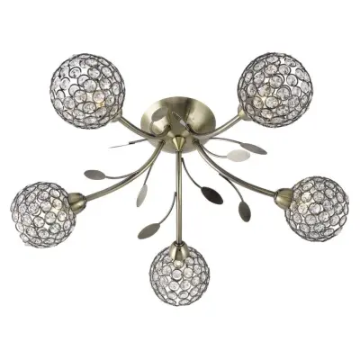 Bellis Ii 5  Light Semi-Flush Ceiling Light, Antique Brass With Clear Glass Deco Shades