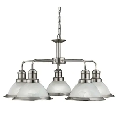 Bistro 5 Light Industrial Ceiling, Satin Silver, Marble Glass Shade, Satin Silver Trim