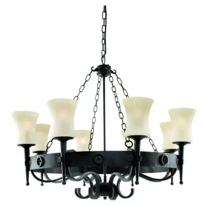 Cartwheel 8 Light Wrought Iron Fitting With Glass