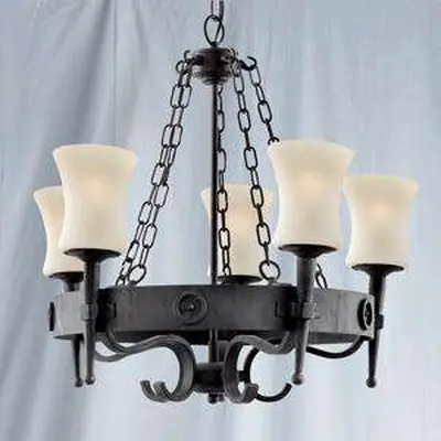 Cartwheel 5 Light Wrought Iron Fitting Complete With Glass