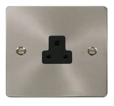 Define 1Gang 2A Brushed Steel Flat Plate Round Pin Socket Black Insert