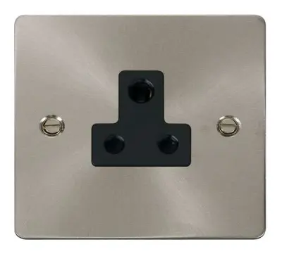 Define 1Gang 5A Brushed Steel Flat Plate Round Pin Socket Black Insert