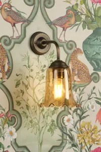 Ebba Antique Brass Wall Light with Amber Glass Shade