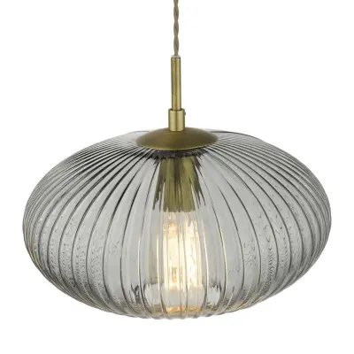 Edmond Single Pendant in Antique Brass & Smoked Ribbed Glass