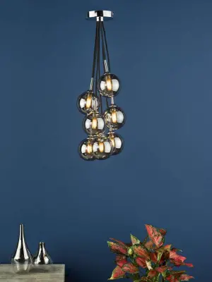Elpis 7 Light Cluster in Polished Chrome & Smoked Glass