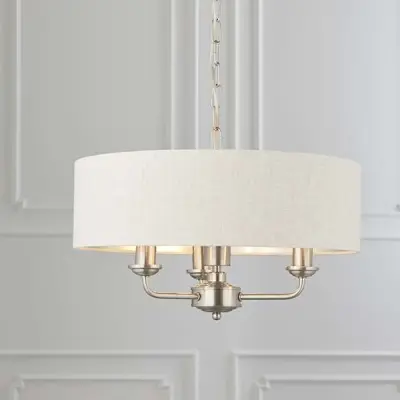 Highclere 3 Light Pendant in Brushed Chrome C/W Natural Shade