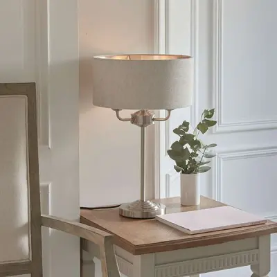 Highclere 3 Light Table Lamp in Brushed Chrome C/W Natural Shade