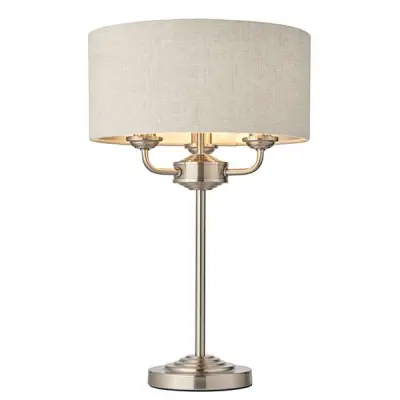 Highclere 3 Light Table Lamp in Brushed Chrome C/W Natural Shade