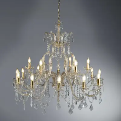 Marie Therese Brass 18 Light Chandelier With Crystal Drops
