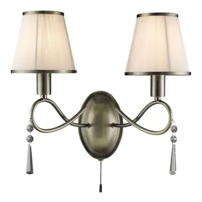 Simplicity - 2 Light Wall Bracket Antique Brass With Glass Drops And Cream String Shades