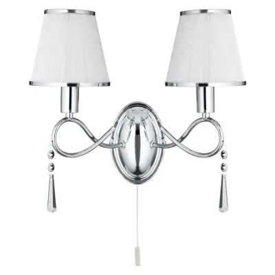 Simplicity - 2 Light Wall Bracket, Chrome Curved Frame, White String Shades & Clear Glass Deco