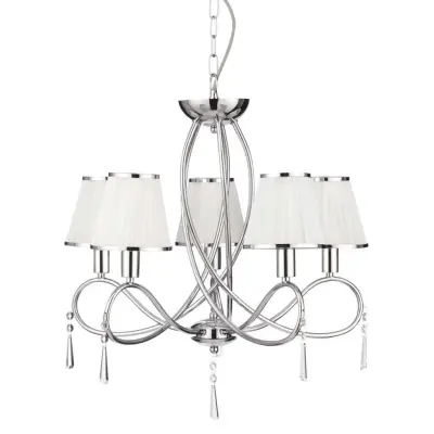 Simplicity 5 Light Ceiling, Chrome Curved Frame, White String Shades & Clear Glass Deco