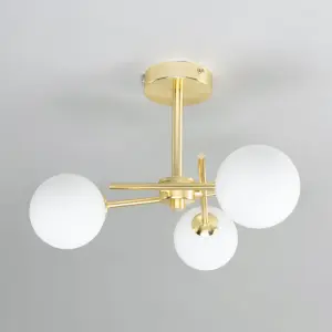 Lindos 3 Light Semi Flush Fitting in Satin Brass & Opal Glass