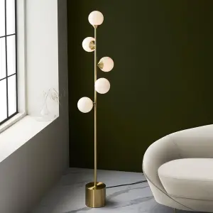 Eve Satin Brass Floor Lamp C/W Gloss White Shades