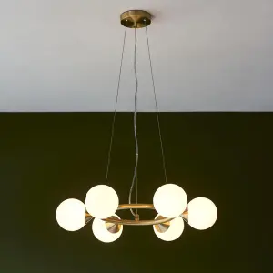 Eve 6 Light Satin Brass Pendant C/W Gloss White Shades