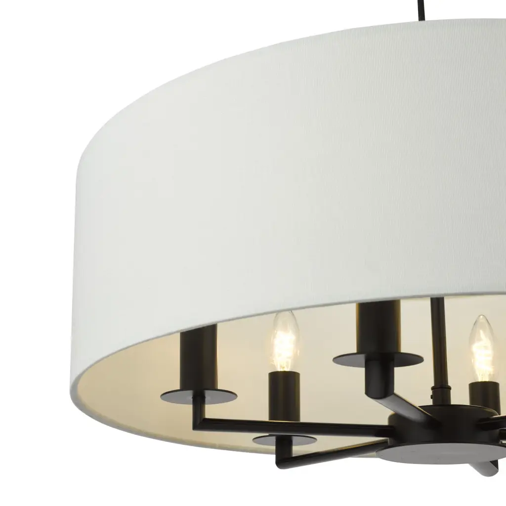 Tyler 6 Light Matt Black Pendant C/W White Drum Shade
