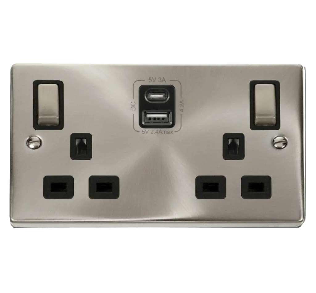 Satin Chrome 2Gang Socket with Twin Type A & C USB