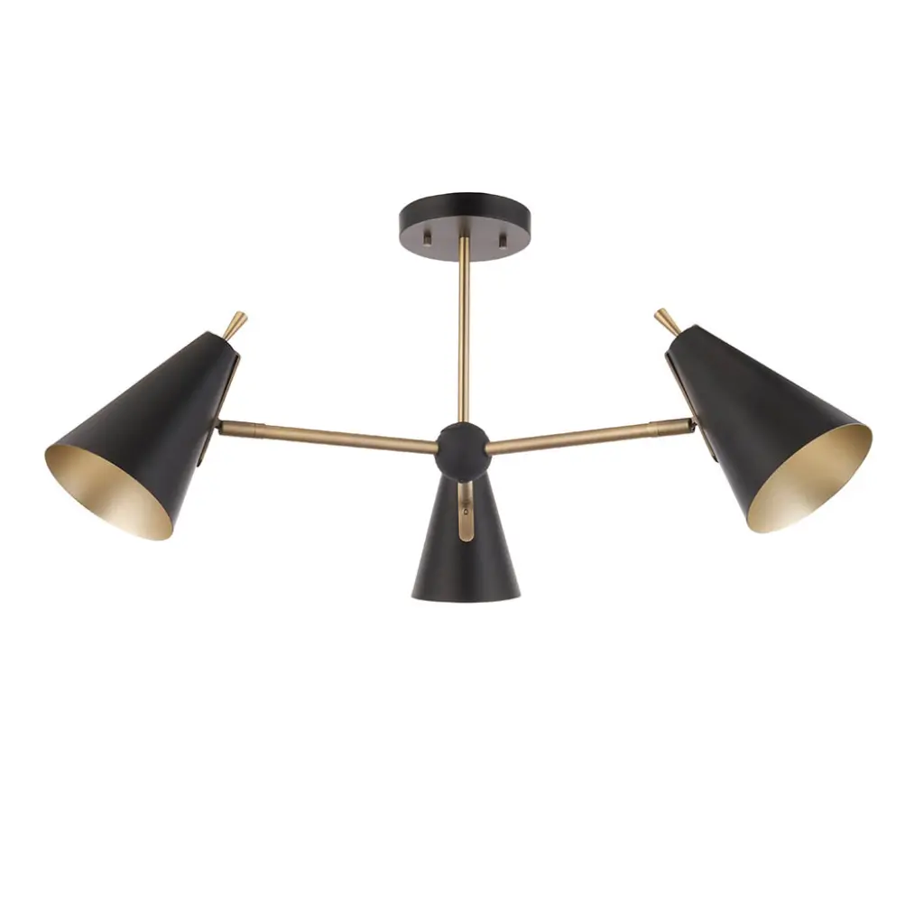 Matt Antique Gold & Matt Black 3 Light Semi Flush