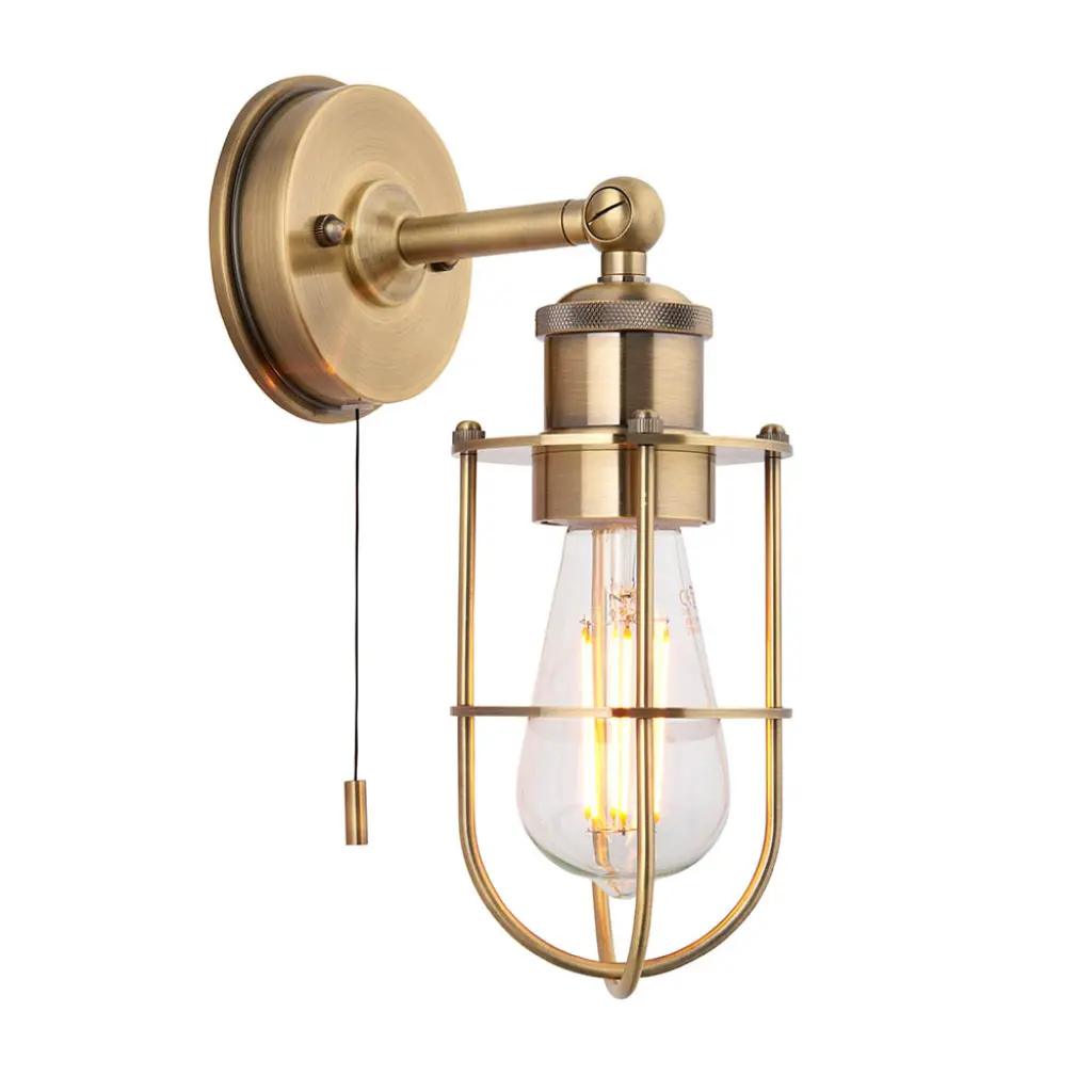 Industrial Style Wall Light Caged in Antique Brass